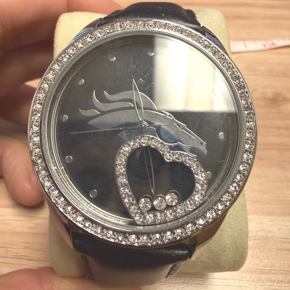 Sparo Denver Broncos NFL Watch Black Leather Strap Rhinestone‎ Heart Charm Works
